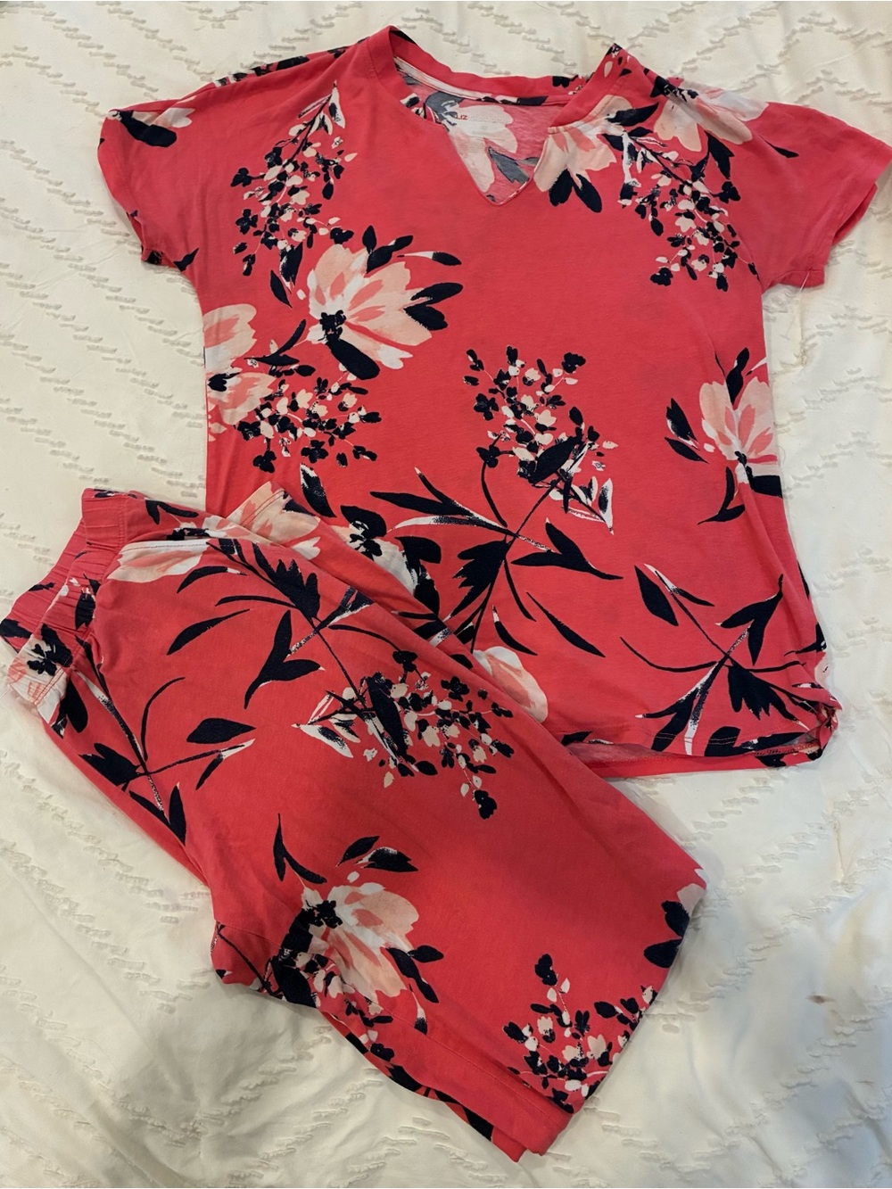 Women Floral Short Sleeve Pajama Set - Coral Pink XS